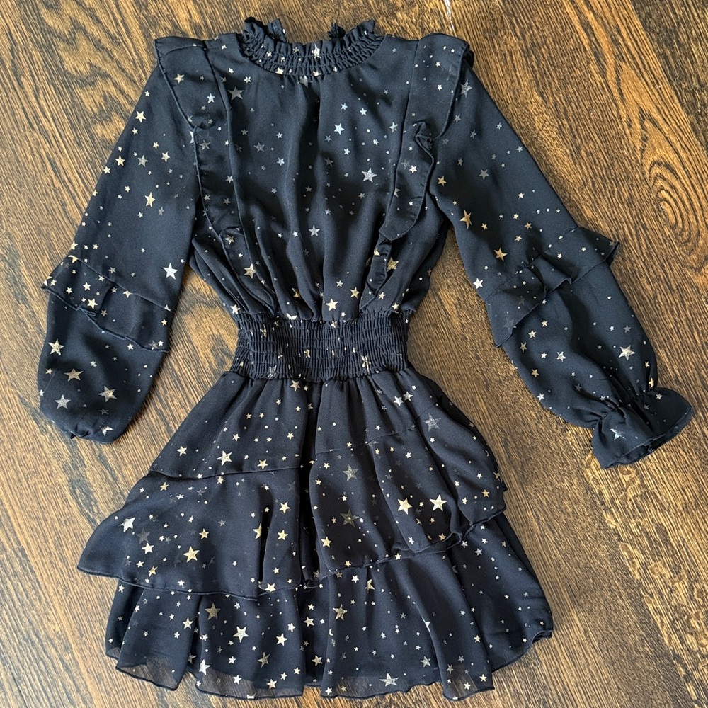 Aqua Black Dress with Gold Star Print and Ruffle Tiers